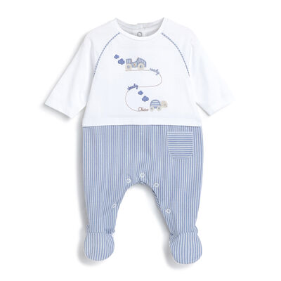 Boys White and Blue Applique Leg Opening Babysuit
